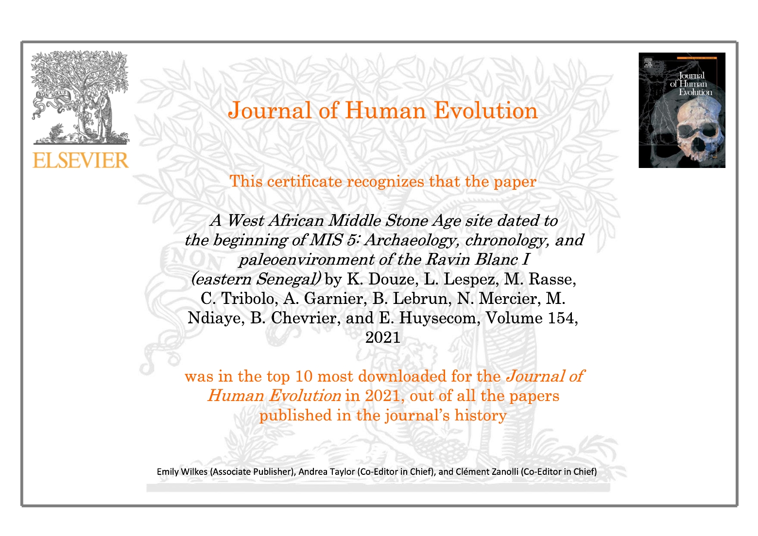 Top 10 most downloaded for the Journal of Human Evolution in 2021